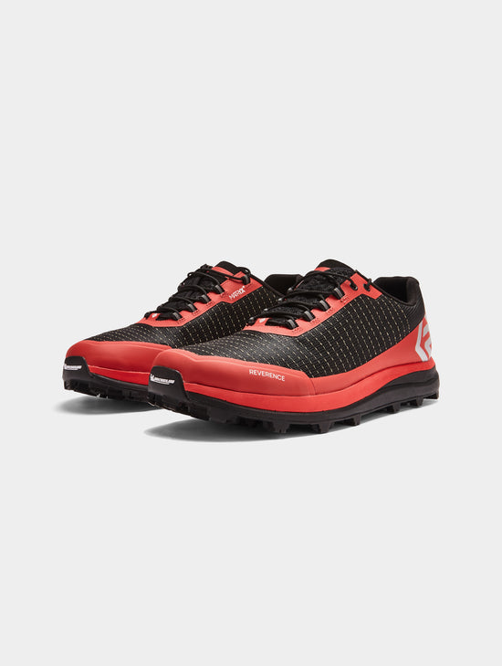 red and black running shoes